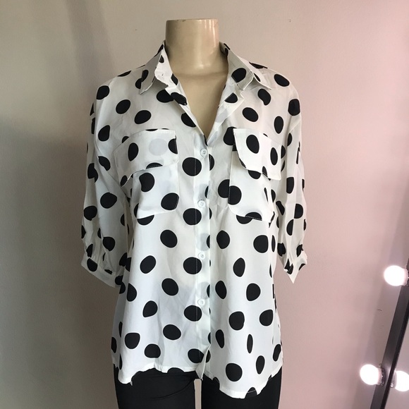 White and Black Polka Dot Button Top - Picture 6 of 7